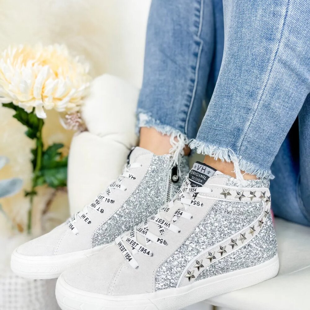 VH Ray Silver Glitter High Top Sneakers W/ Stars & Pink Heel Stripe Accent